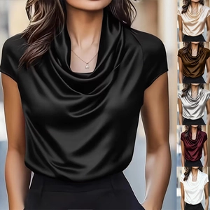 Detail view of cowl neck short sleeve satin tops in multiple silk-like colors