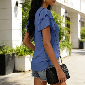 Detail of multi-layer ruffle sleeves on a blue casual V-neck t-shirt for women