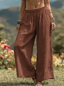 Damen weite Hose in Braun aus Baumwolle und Leinen mit elastischem hohen Bund