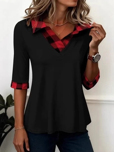 Γυναικείο Casual T-Shirt με Λαιμόκοψη V Καρό Patchwork Μανίκι 3/4 Μαύρο Top Άνετο Πολυεστέρας Street Style Γυναικείο Tee