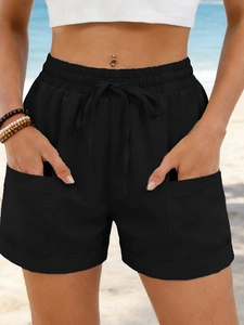Women Summer Shorts Elastic High Waist Drawstring Short Pants With Pockets Cuffed Hem Polyester Spandex Casual Beach Wear