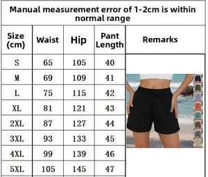 Detailed size chart for solid color casual harem beach shorts from size S to 5XL