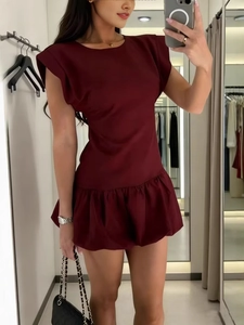 Elegant Women's Sleeveless Padded Shoulder Midi Dress Solid Color Ruffle Hem Loose Pullover Summer Party Fashion Dress