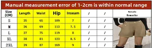 Detailed size chart for wide corduroy high waist shorts with metric measurements in CM