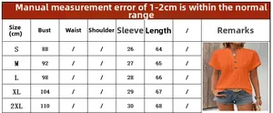Detailed size chart for V-neck short sleeve top with bust and length measurements in cm