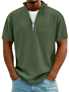 Men's Short Sleeve Polo Shirt Ribbed Texture Quarter Zip Stand Collar Casual Street Style Summer Breathable Solid Color Top