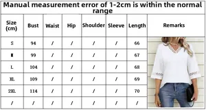Size chart showing bust and length measurements for women's V-neck lace t-shirt