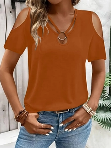 Detail of V-neck cross-strap design with metal ring buckle on cold-shoulder T-shirt