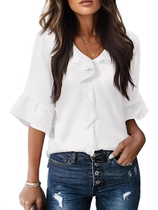 Elegant white V-neck ruffled top with layered flutter sleeves and pleated fabric texture