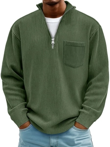 Men's olive green ribbed half-zip sweatshirt with a front pocket and long sleeves