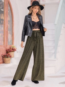 Pantalon large plissé à taille haute métallisé avec cordon de serrage et coupe fluide