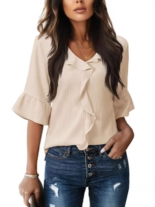 Chic beige V-neck blouse with ruffle sleeves and vertical pleats for summer