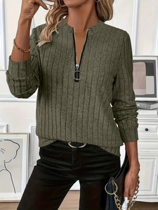 Detail of olive green ribbed knit top featuring a quarter-zip collar and round metal puller