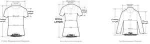 Size chart showing measurement guide for T-shirt, dress, and skirt dimensions