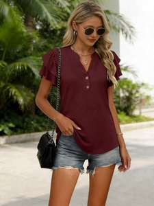 Wine red V-neck T-shirt for women featuring ruffle short sleeves and button accents