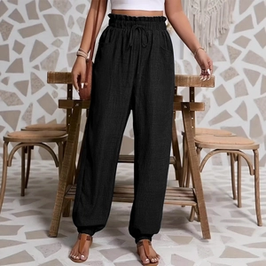Pantalon de jogging femme noir en coton et lin avec taille élastique et cordon serrage