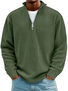 Olivgrünes Herren-Cord-Sweatshirt mit Stehkragen und Reißverschluss für die Herbstsaison