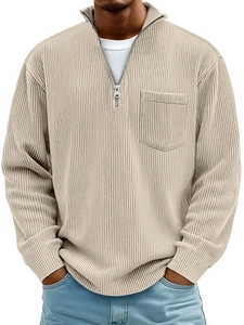 Beige men's quarter-zip pullover in textured corduroy fabric with front pocket