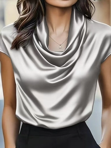 Elegant silver grey cowl neck short sleeve satin blouse with silky drape for women