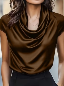 Elegant brown satin short sleeve blouse with a draped cowl neck and silky finish