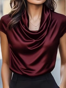Elegant wine red satin sleeveless top with a draped cowl neck and silky finish