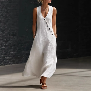 Detail of white cotton linen maxi dress featuring V-neckline and decorative black buttons