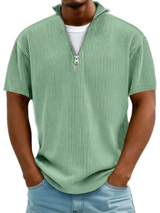 Men's quarter-zip corduroy short sleeve polo shirt in sage green with ribbed texture