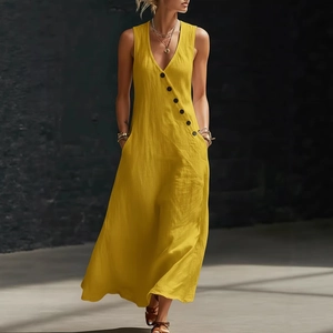 Women Casual Cotton Linen Maxi Dress V Neck Sleeveless Button Decor Loose Fit Summer Vacation Beach Long Sun Dress