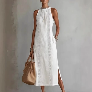 Women Halter Neck Sleeveless Maxi Dress With Vertical Embroidery And Side Slit Casual Loose Vacation Summer Long Dress