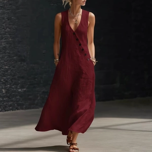 Deep red V-neck sleeveless cotton linen maxi dress with diagonal button detail and side pockets