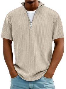 Men's short sleeve beige corduroy polo shirt with quarter zip and ribbed texture