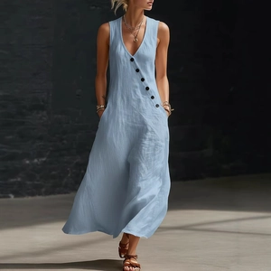 Relaxed fit light blue V-neck sleeveless maxi dress with button-up detail and side pockets