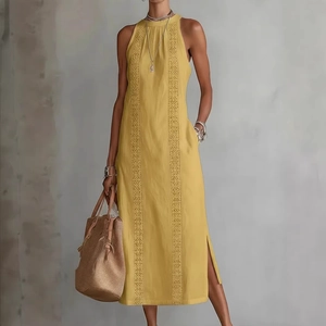 Elegant bright yellow halter maxi dress with hollow embroidery and side slit for summer beach
