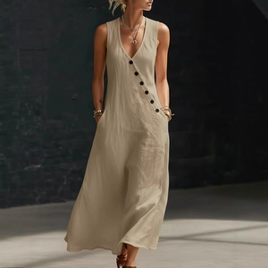 Linen V-neck sleeveless maxi dress in khaki with diagonal black buttons and pockets