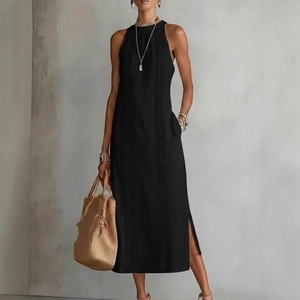 Women's black halter maxi dress featuring vertical embroidery and side slit detail