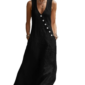 Relaxed black V-neck cotton linen sleeveless maxi dress with white buttons decoration