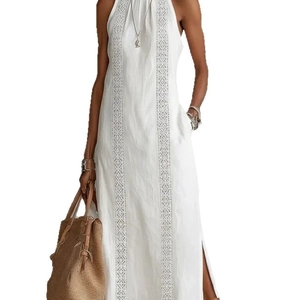 Bohemian white halter maxi dress with geometric embroidery and side slits for summer