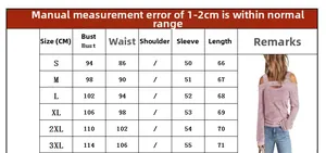 Detailed size chart with measurements for the off-shoulder long sleeve solid color t-shirt