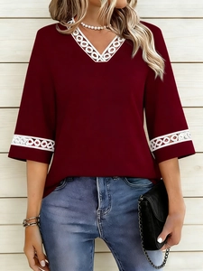 Women's V-neck wine red T-shirt with white hollow lace splicing on sleeves and neckline
