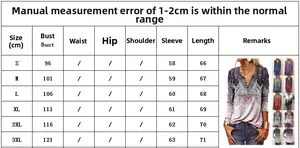 Size guide for women's printed long sleeve V-neck top with measurements from S to 3XL