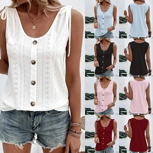 Detailed view of women's ribbed knit tank top with bow straps and button-down U-neckline