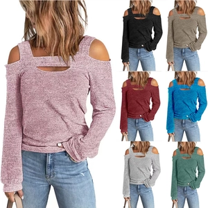 Close-up of cold-shoulder knit top with hollow-out neck and long sleeves for women
