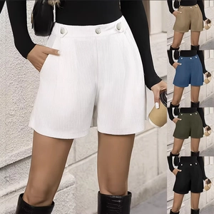 Women High Waist Pleated Shorts With Button Decor Casual Corduroy Texture Loose Wide Leg Shorts With Pockets