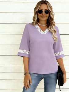 Summer purple V-neck T-shirt for women with elegant white lace trim on sleeves and collar