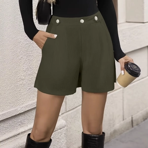 Women high waist olive green corduroy shorts with decorative buttons and side pockets
