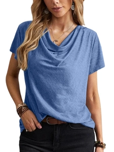 Top da donna blu a maniche corte con scollo a cappuccio in tessuto strutturato, slim fit