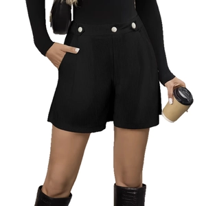 Women's black pleated high-waisted corduroy shorts with silver button decor