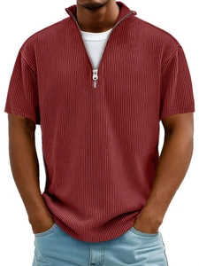 Men's slim fit wine red polo shirt with vertical pleats and metal half zipper detail