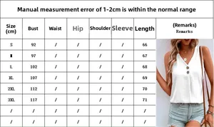 Detailed size guide and measurements for women's V-neck sleeveless tank top with buttons