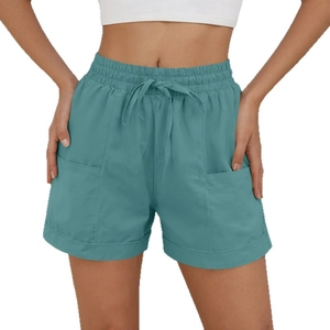 Women's summer casual turquoise drawstring shorts with side pockets and cuffed hem